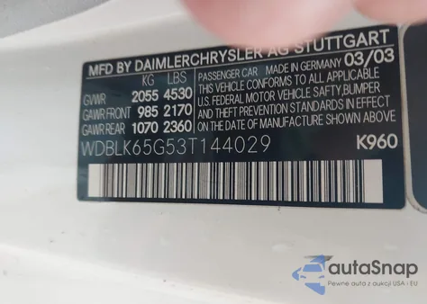 2003 Mercedes-Benz Clk 320 z USA, uszkodzony, nr VIN WDBLK65G53T144029